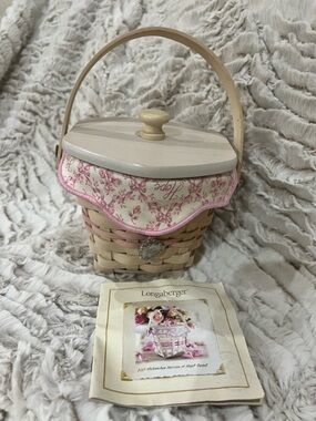 Longaberger Natural Woven Basket with Pink Floral Liner and Wooden Lid